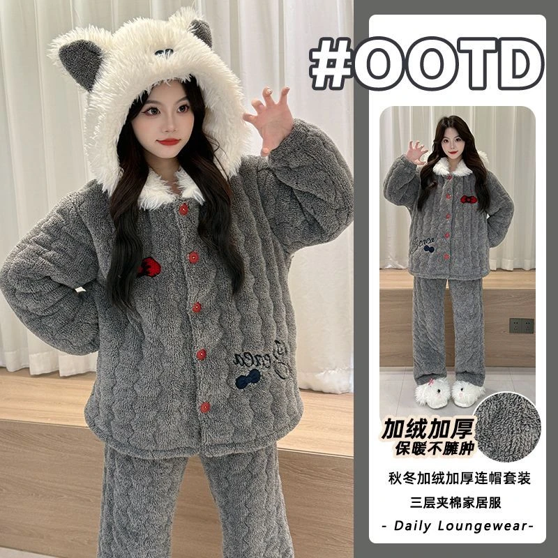 三层夹棉2025年冬季长毛绒睡衣女珊瑚绒加绒加厚保暖家居服可外穿