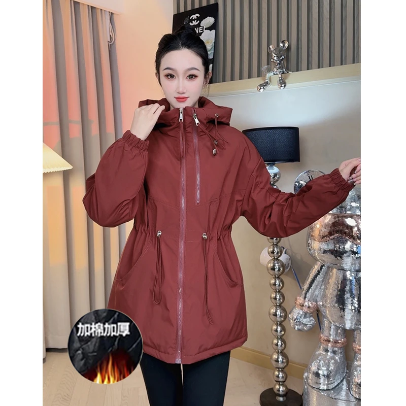 【双拉链】2025新款加棉纯色中长宽松收腰连帽冲锋衣时尚外套