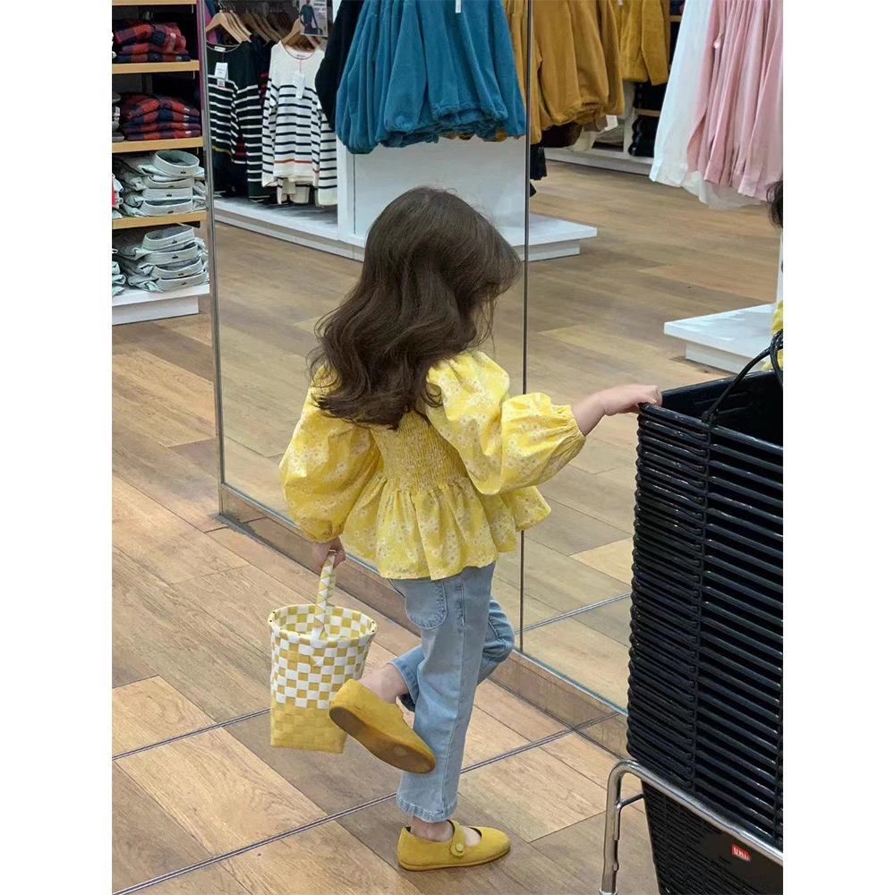 2025韩版春季新款女童宝宝碎花长袖衬衣 九分喇叭牛仔裤洋气百搭