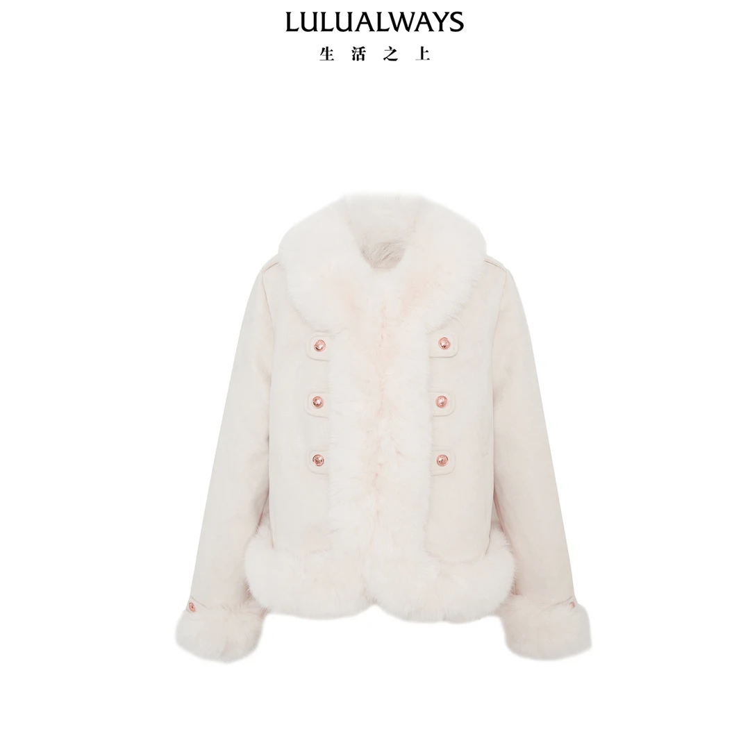 【羽绒服】LULUALWAYS冬季新款轻奢毛毛拼接短款羽绒服米色LPD801V