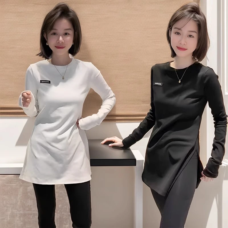 欧货2025秋季新款纯色圆领小标侧边开叉长袖中长款修身T恤女上衣