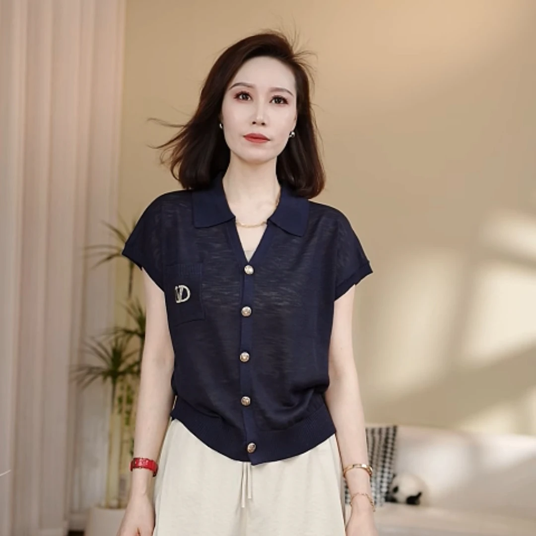 #191【涵宇】2025夏季新款女装时尚翻领纯色提花百搭套头针织开衫