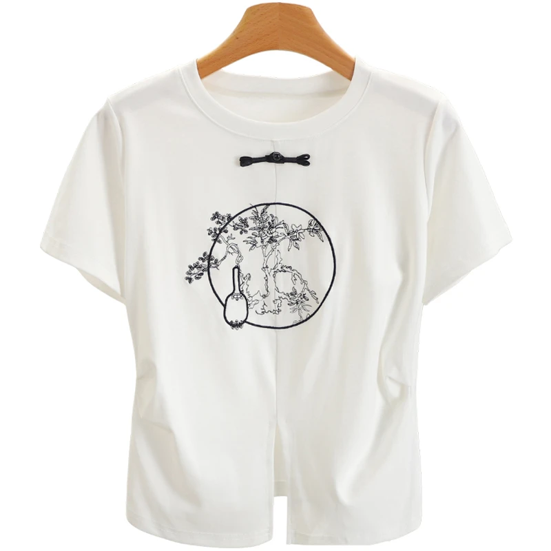 F633-伍莎服饰云仓【朝】开叉圆领白色T恤#ZZH56X002