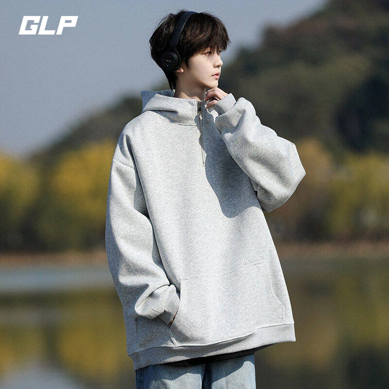 大码半拉链连帽卫衣男款春季潮牌宽松情侣休闲外套设计感百搭帽衫