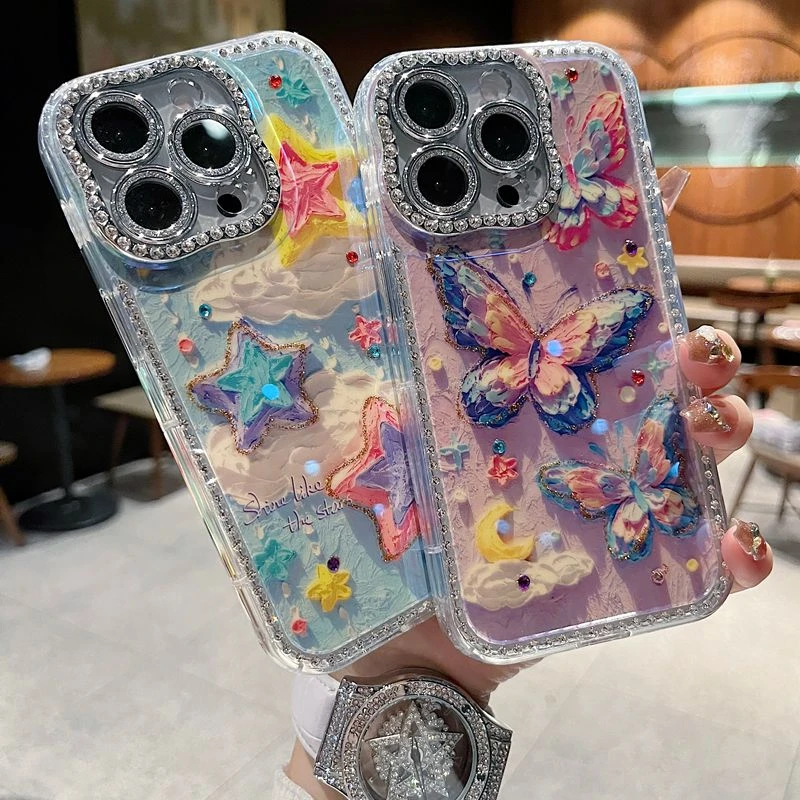 适用苹果系列iPhone16新款手机壳时尚云朵蝴蝶扭边钻框闪钻镜头膜