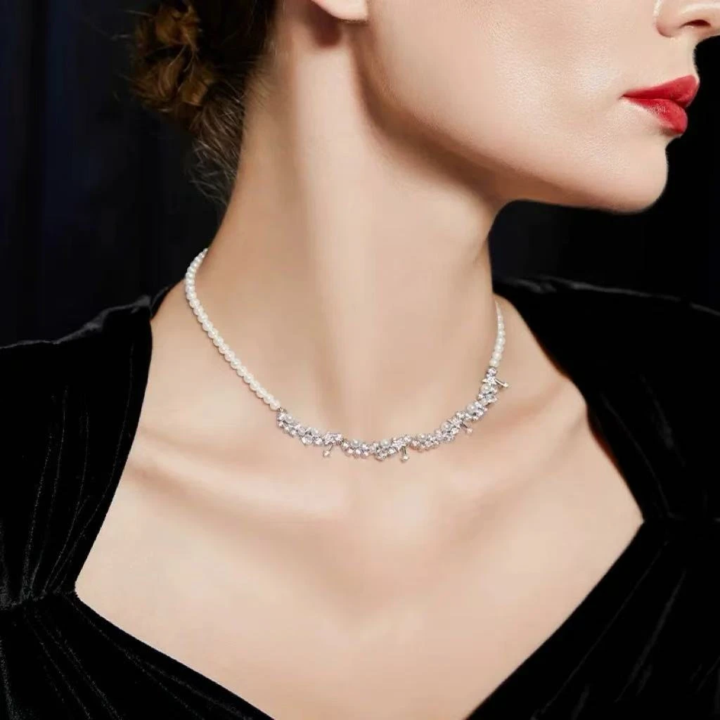 合金仿珍珠项链 气质时尚法式浪漫高级感镶钻璀璨珍珠项链