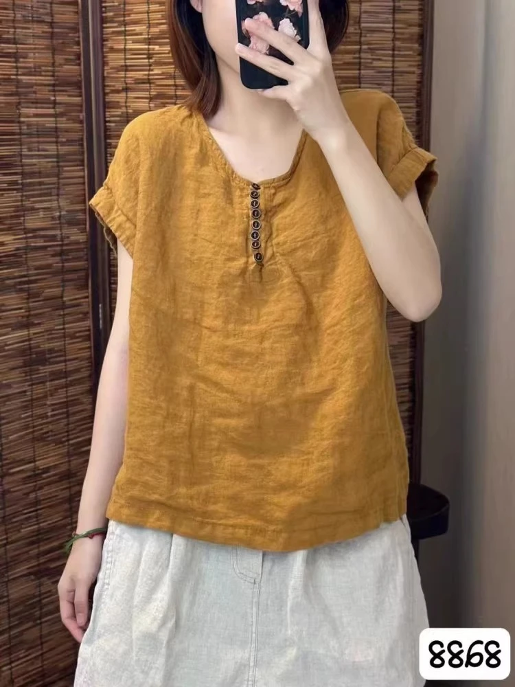 复古纯亚麻纯色T恤女夏季新款纯色宽松显瘦圆领短袖套头洋气上衣