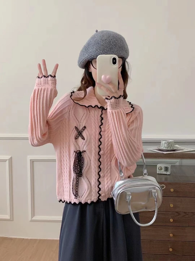 20区粉色超仙娃娃领花边毛衣蕾丝蝴蝶结开衫外套