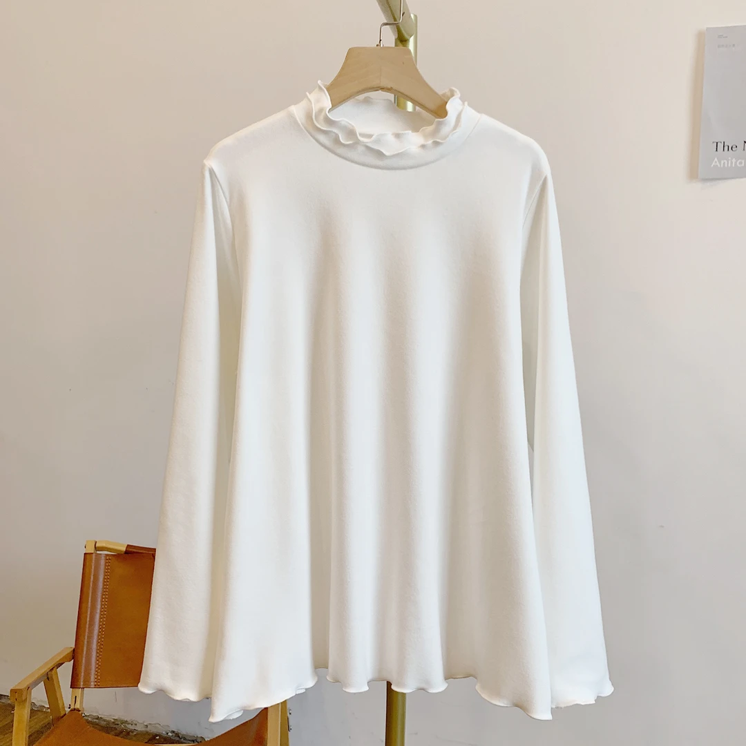 奶皮子C4937德绒磨毛双层木耳边立领打底T恤