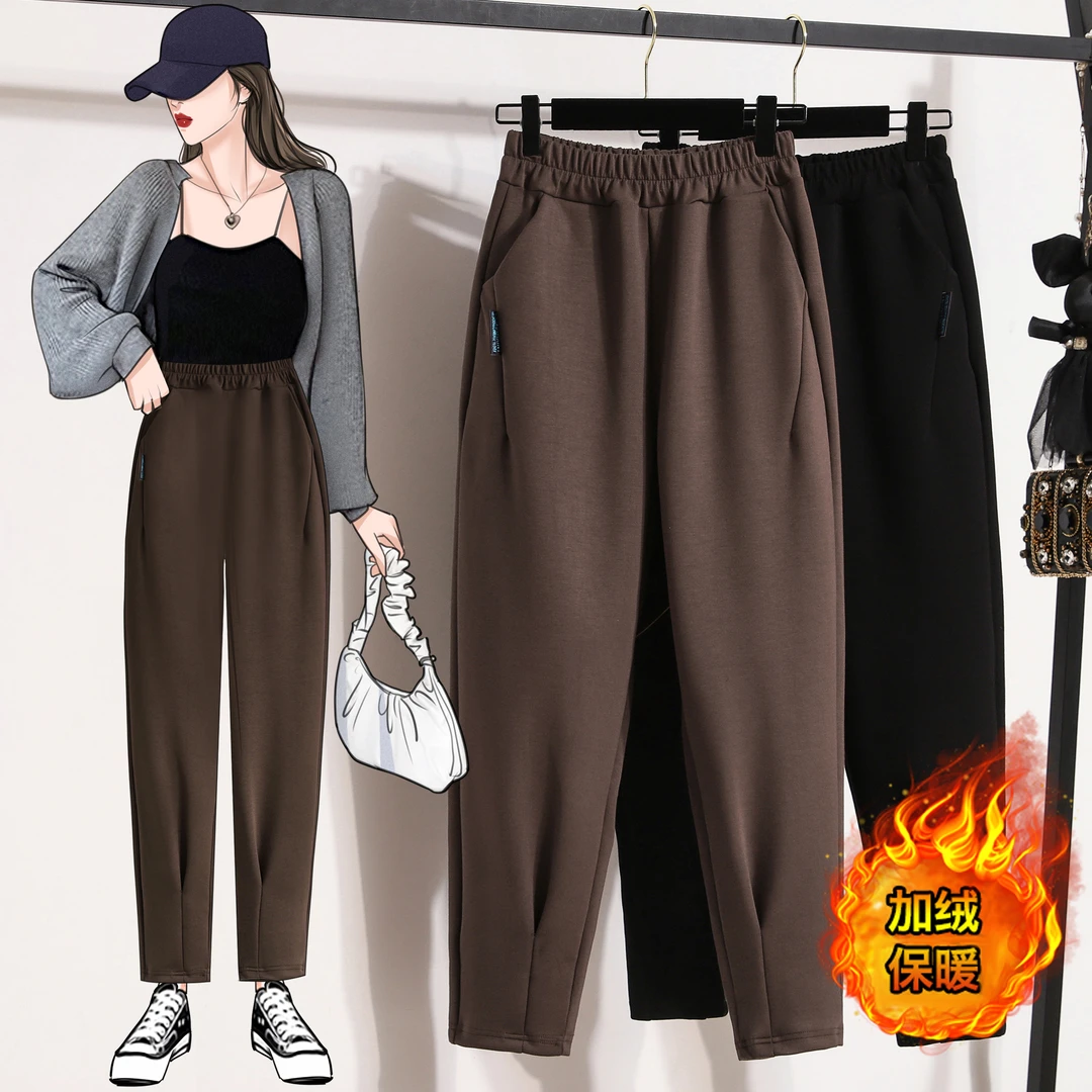 加绒加厚萝卜裤女休闲运动胖mm冬装显瘦高腰哈伦裤大码宽松烟管裤