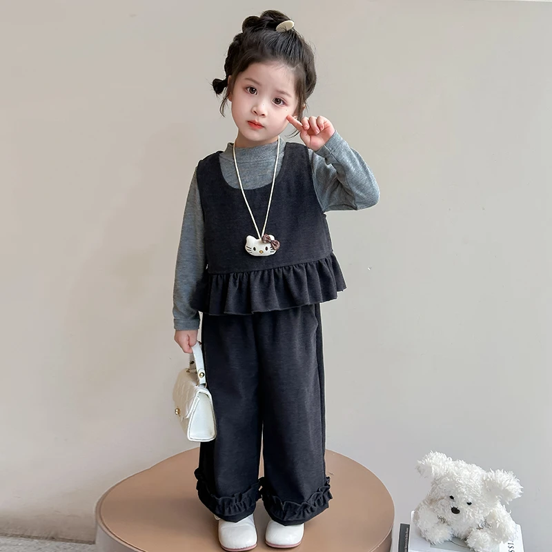 女童秋季套装2025新款女宝宝韩版木耳边马甲裤子三件套小女孩衣服