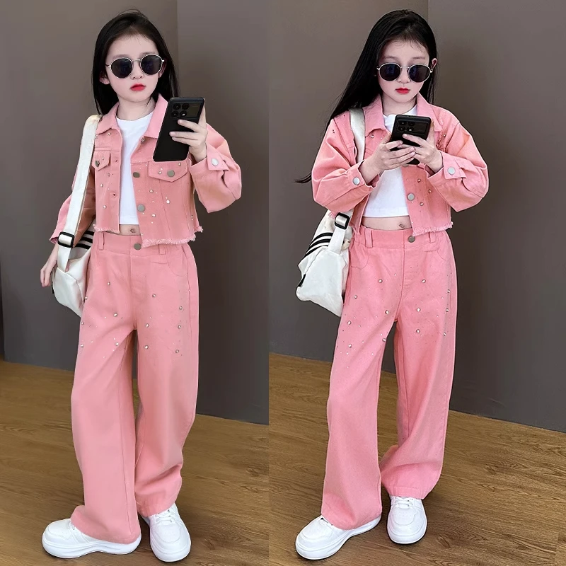 女童春装网红钉钻牛仔套装2025新款女孩韩版时尚儿童阔腿裤两件套