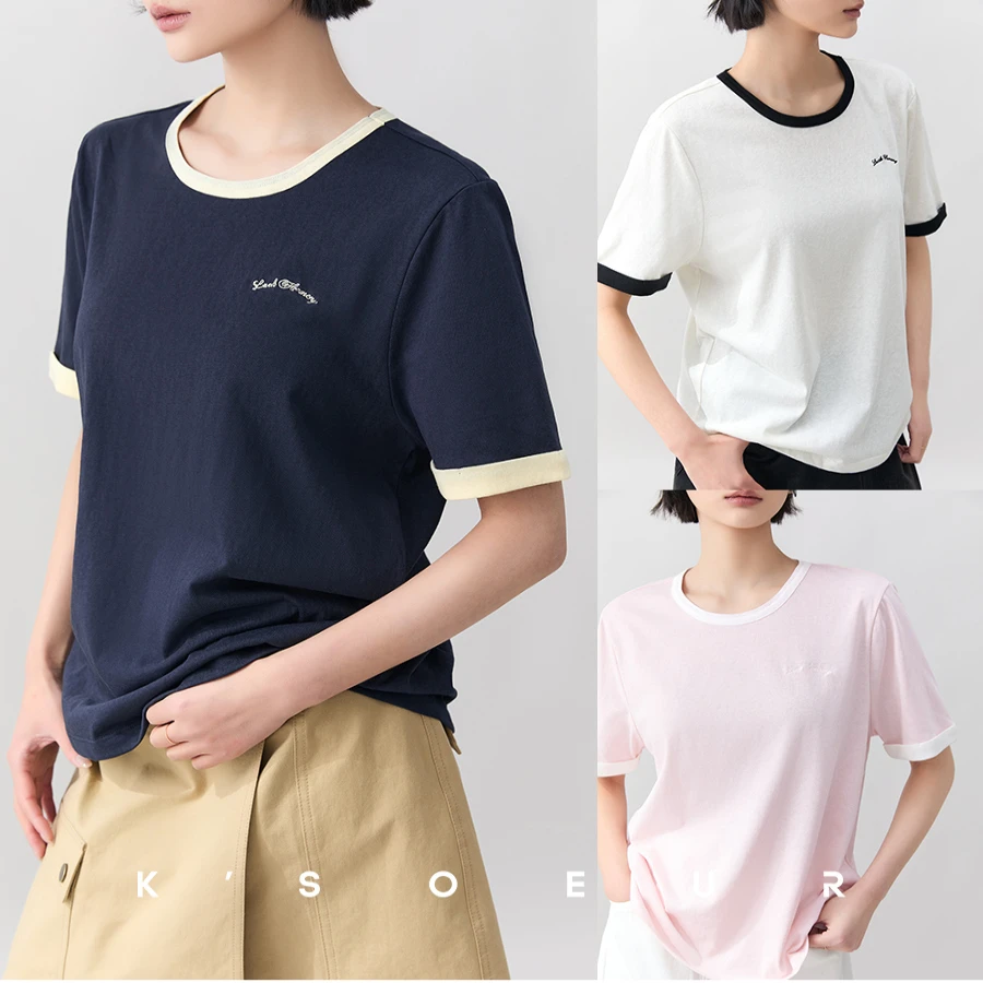 K姐KSOEUR【双巧夹心】超柔雪花棉 精致绣花撞色圆领短袖T恤女