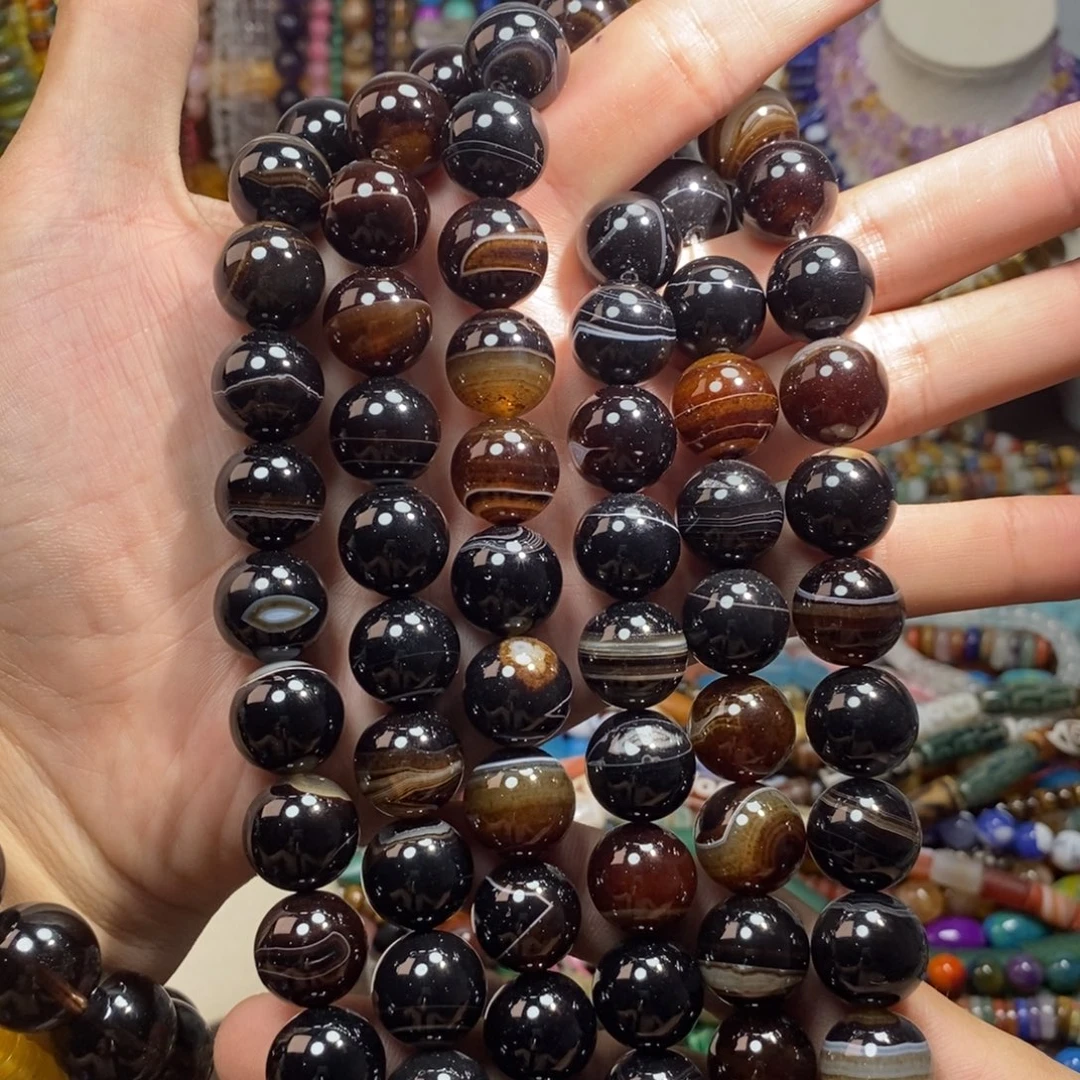 石英质玉未镶嵌，咖色缠丝玛瑙16mm，