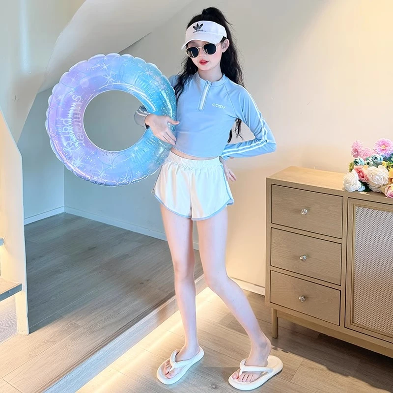 女童泳衣高颜值2025新款夏季儿童分体泳装大童女孩长袖防晒游泳衣