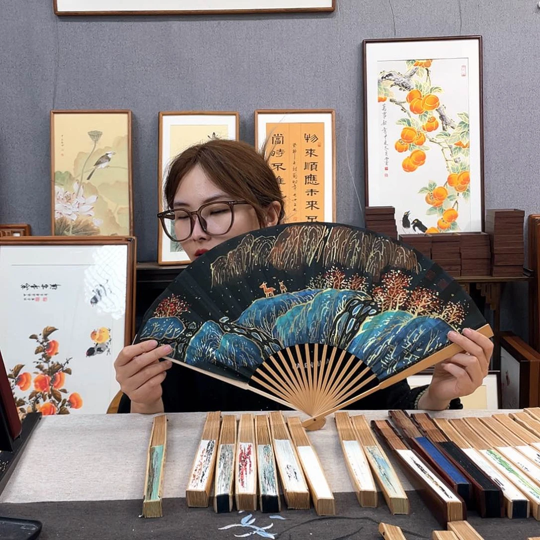 国画95寸玉竹-纯手绘-文玩扇骨（默认粘好）