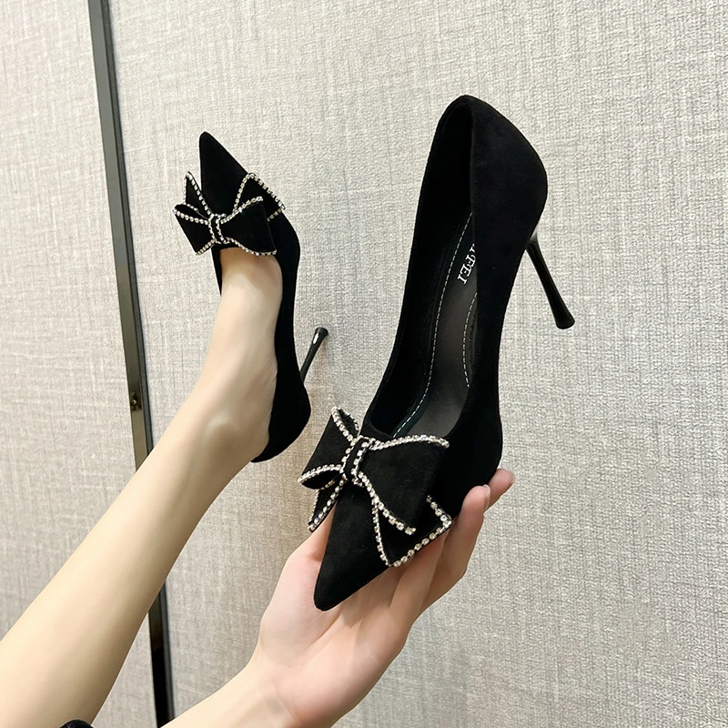AXY韩版纯色细跟高跟鞋春夏季新款蝴蝶结水钻设计时尚气质百搭