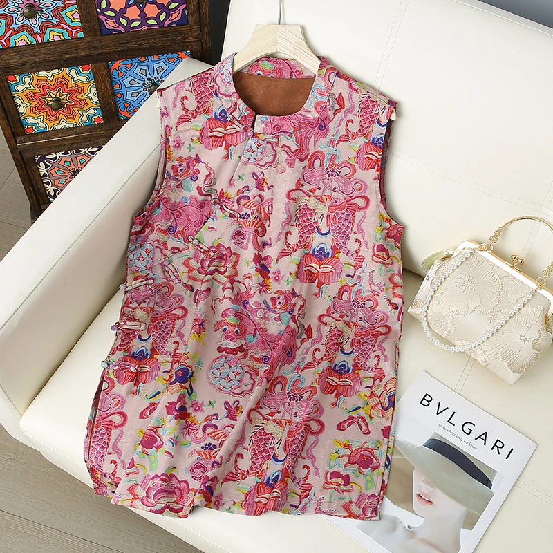 时尚印花减龄气质中长款背心女士新中式国风上衣夏季新款无袖T恤