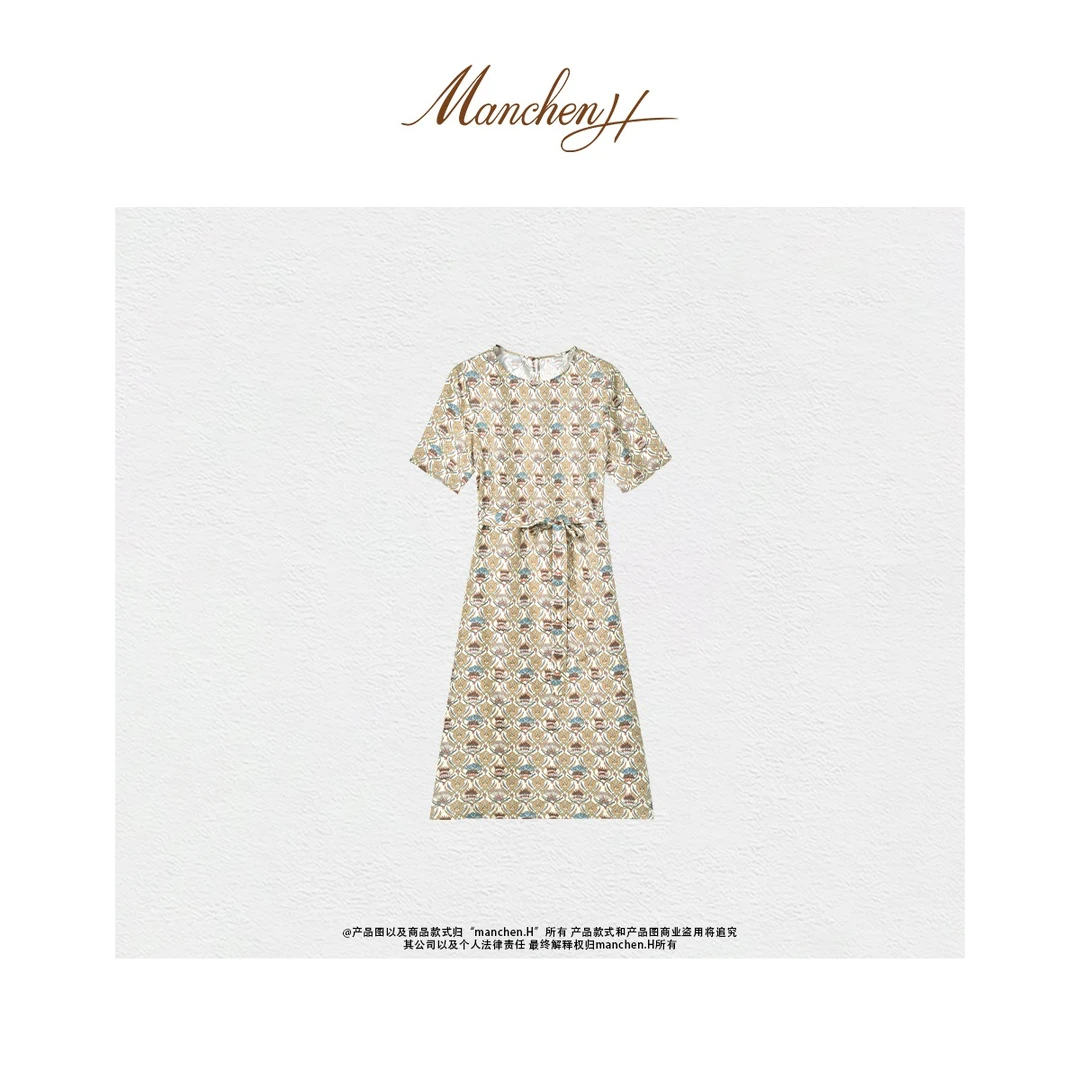 曼辰manchenh"瓷花序"重磅6A级100桑蚕丝印花气质连衣裙