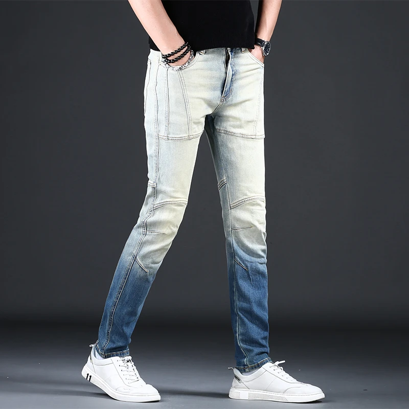 复古拼接机车牛仔裤男款潮牌修身小脚时尚个性重磅水洗爆款长裤子