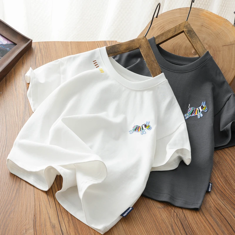 儿童休闲街潮刺绣短袖t恤中大童夏季新款圆领衫男女童薄款上衣