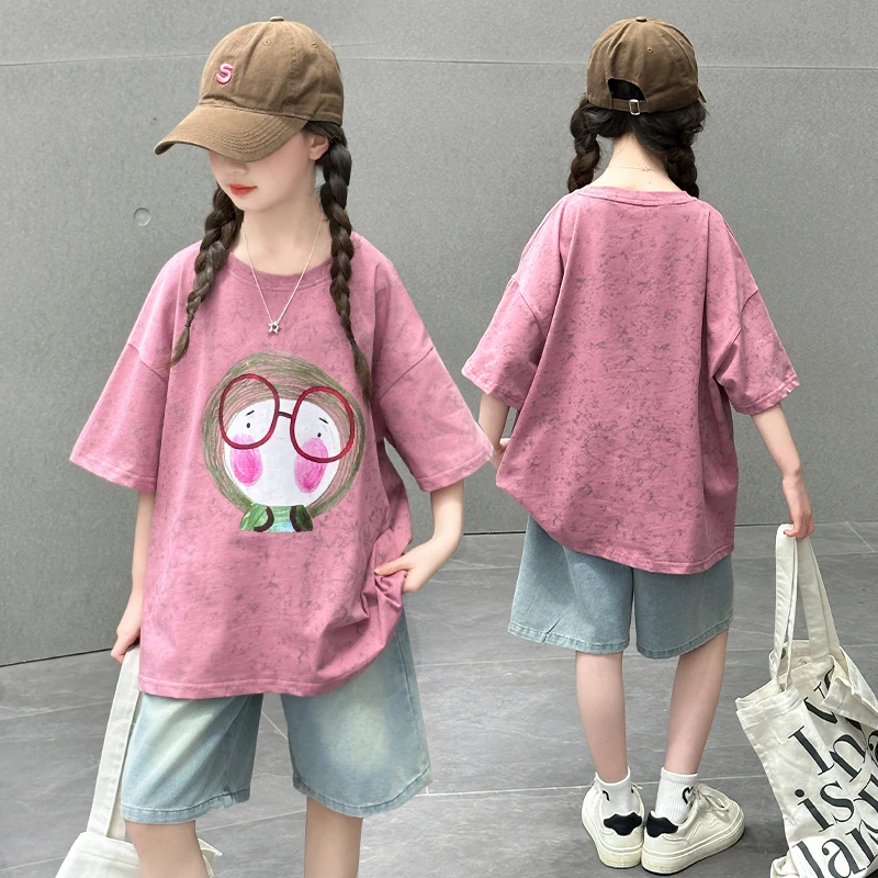 新款女童印染娃娃T夏装牛仔短裤套装时尚元气宽松舒适简约休闲风