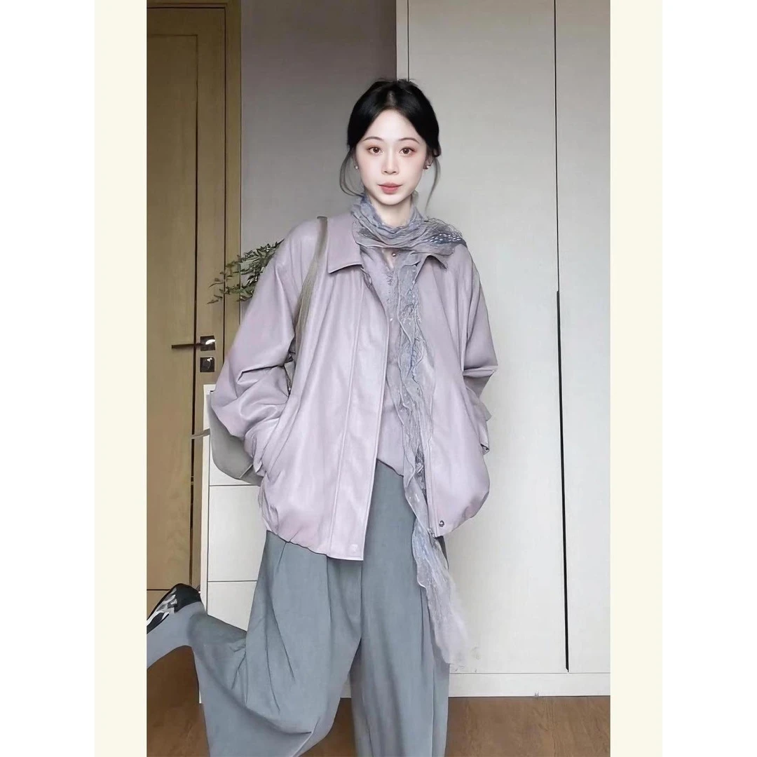 2025年秋巨好看的通勤气质小个子韩系chic紫色皮衣外套高级感夹克