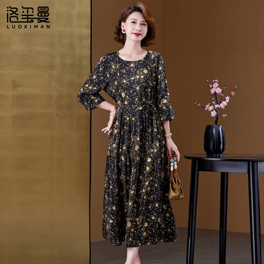 洛玺曼妈妈桑蚕丝连衣裙中老年真丝大码女装下去遮肉显瘦夏装裙子