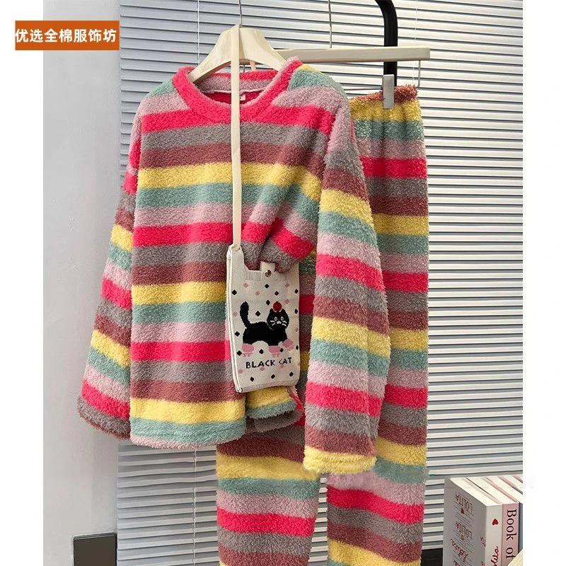 猫人【正品100%棉】彩虹条纹半边绒睡衣女秋冬季新款大码宽松加厚珊