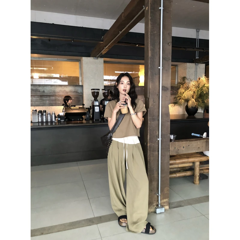 【3折断码 闭店福利】棉麻混纺弹力抽绳撞色拼接高腰阔腿裤女