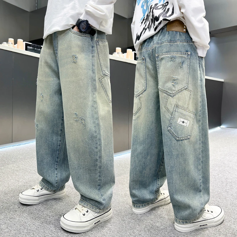 痞帅男童宽松直筒牛仔裤2025新款中大儿童长裤洋气炸街阔腿休闲裤