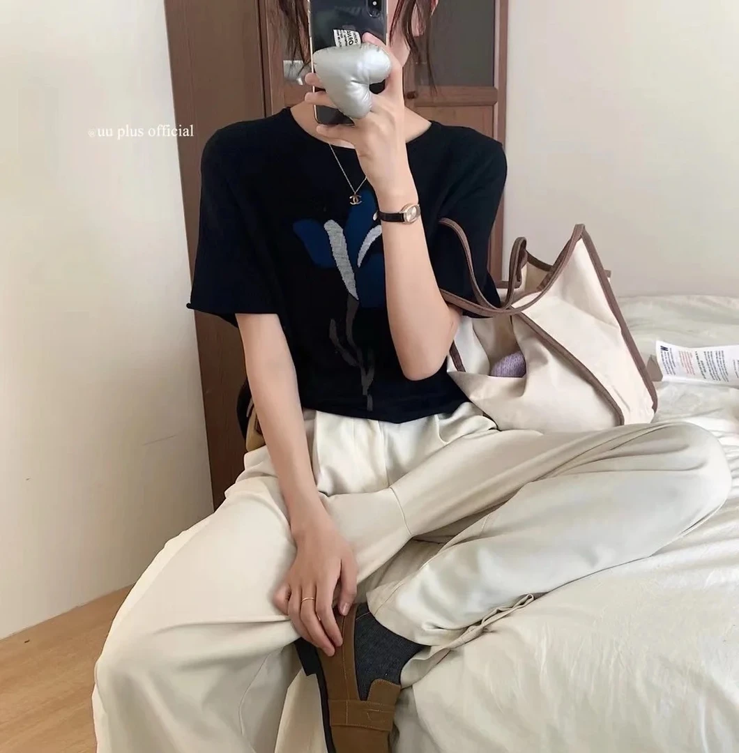 蓝灰水花圆领短袖针织衫  咻咻X2C4620