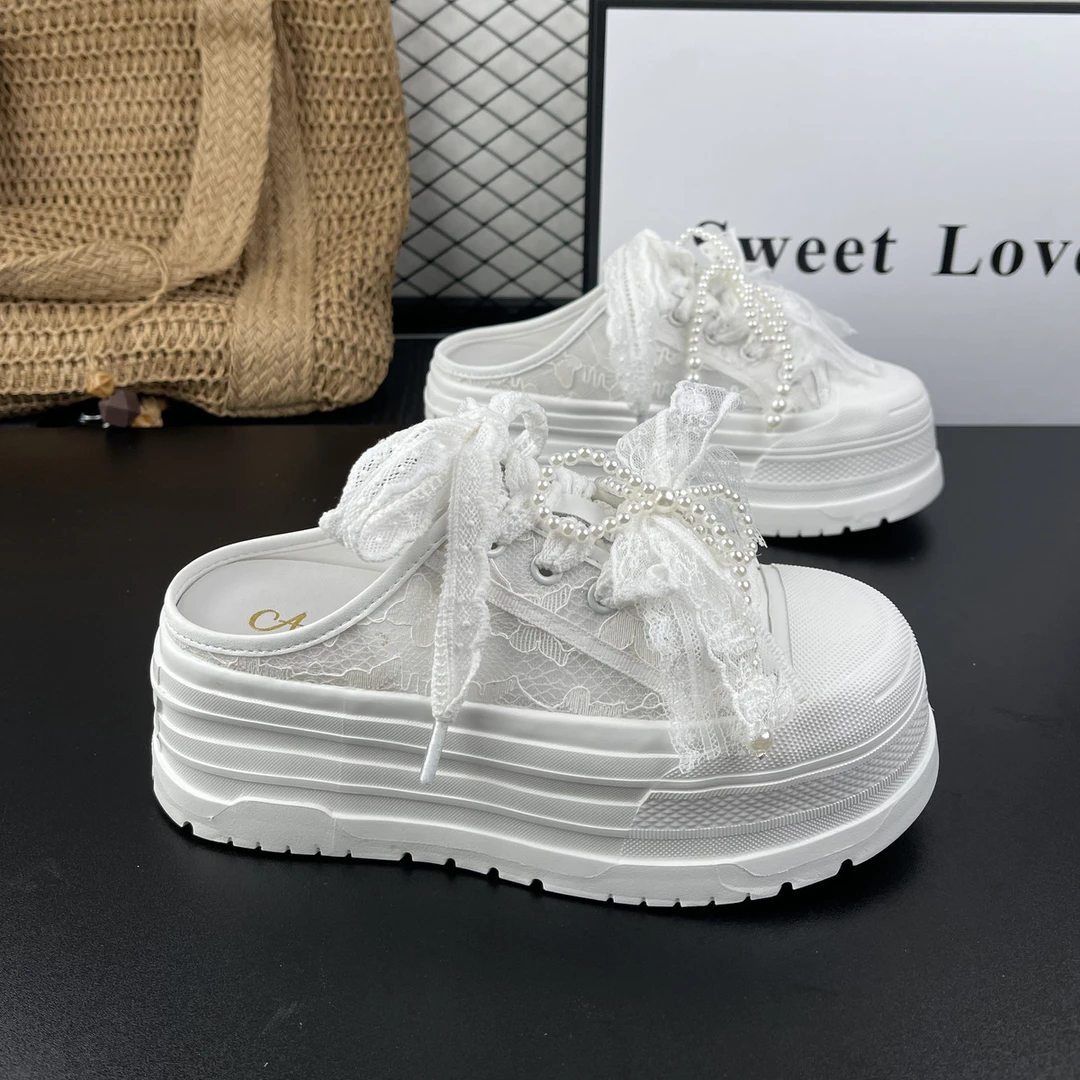 欧洲站女鞋2025春夏新款真皮厚底增高蝴蝶结包头半拖鞋休闲凉拖鞋