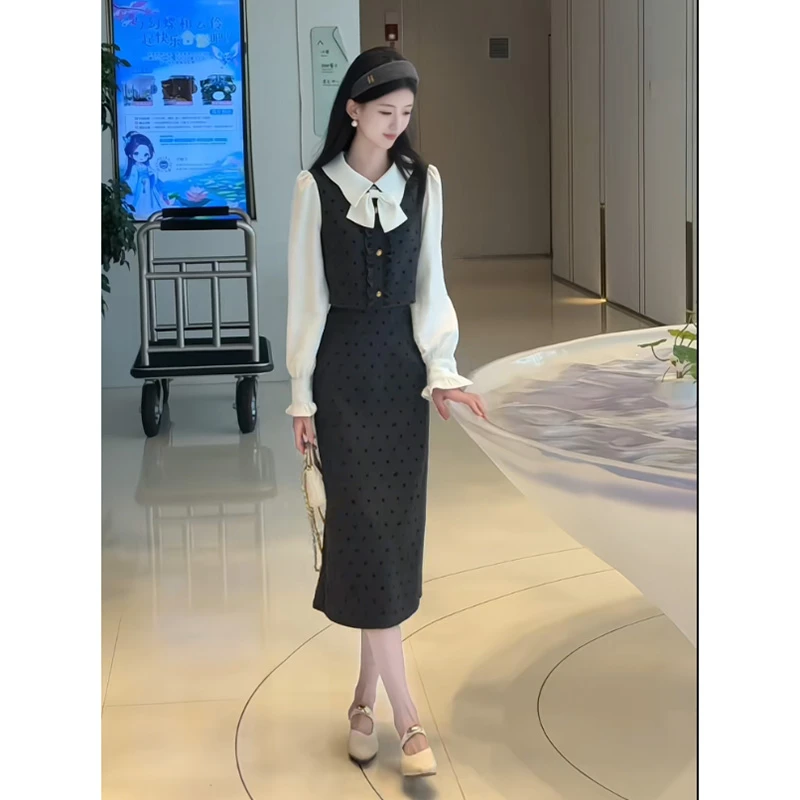 【V】【有里布】连衣裙女2025春秋款拼接高级小个子假两件长裙QY0065