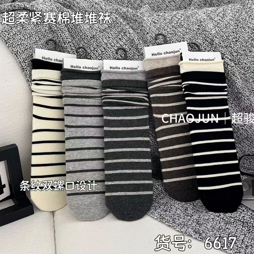 【韩衣舍】秋冬款美拉德风条纹中筒堆堆袜舒适百搭