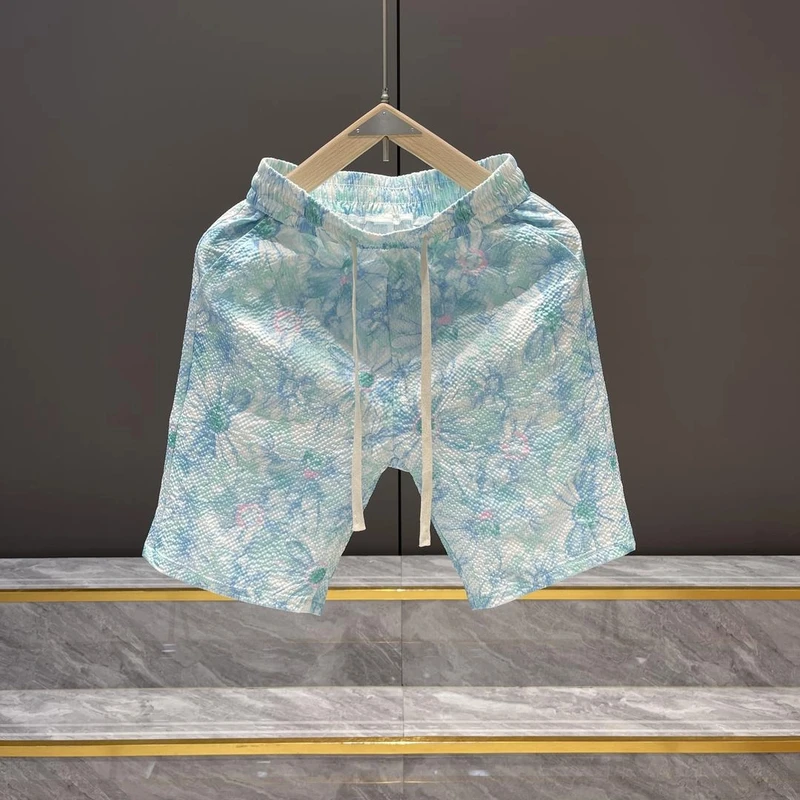 2025男士短裤夏季时尚百搭休闲蓝色印花薄款休闲潮流速干直筒短裤