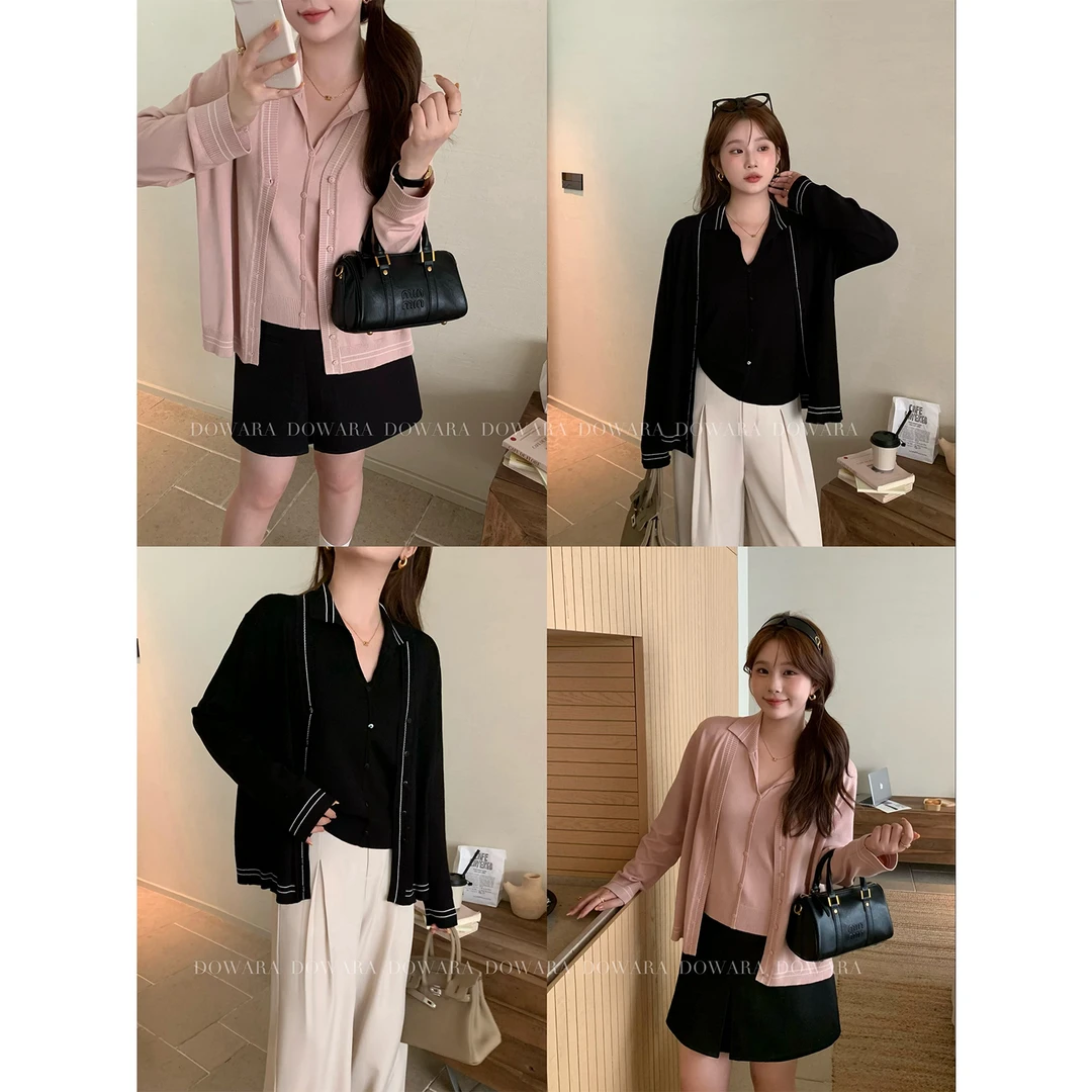 现货7733D大婉酱微胖定制韩系学院风V领针织开衫气质polo领两件套