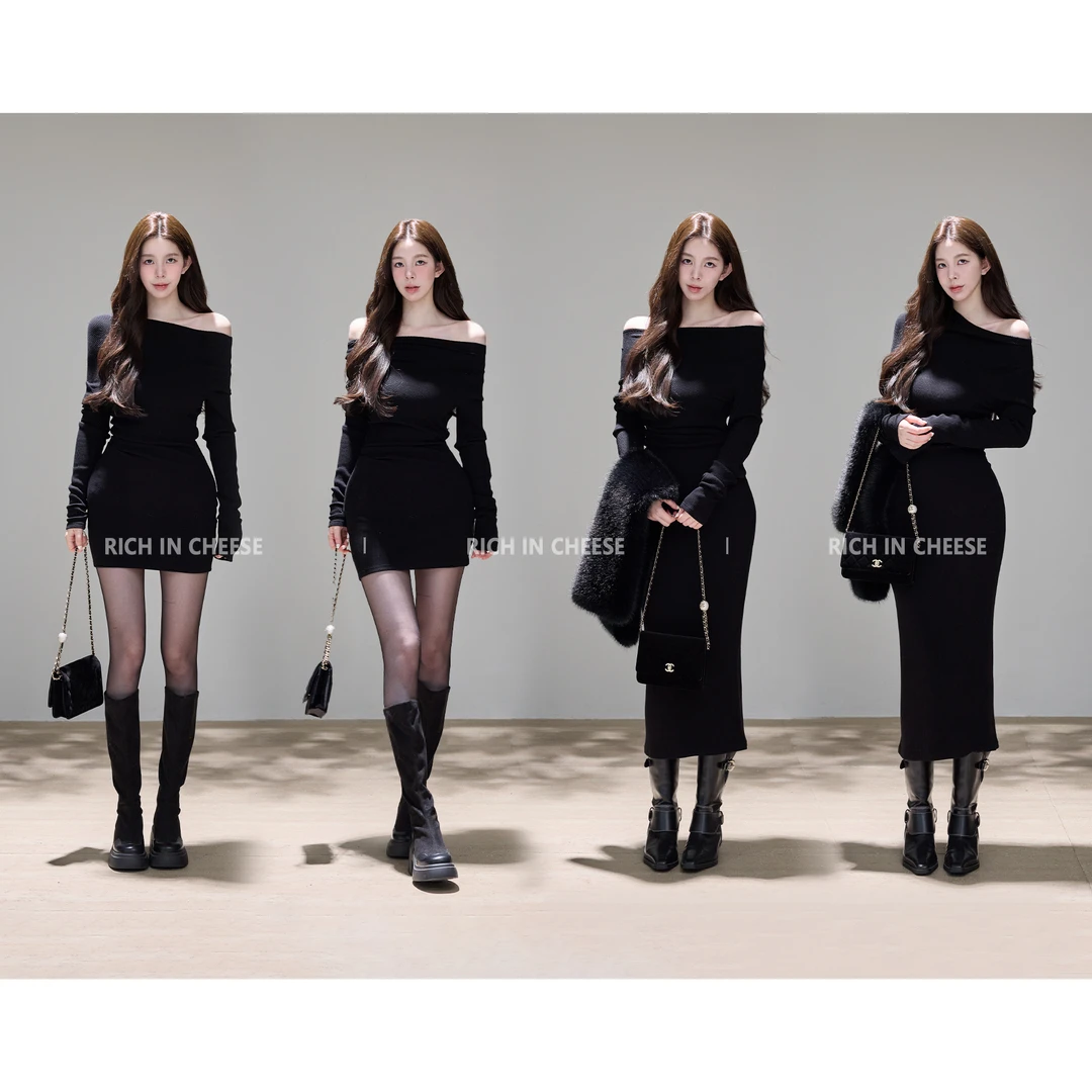 舒胡蕾 斜肩美神 秋冬气质两穿百搭抽褶收腰弹力坑条针织连衣裙