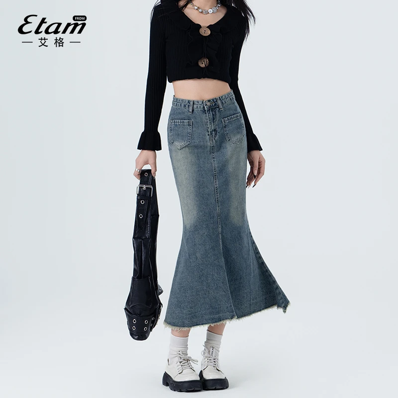 艾格复古中长款鱼尾裙牛仔裙女春秋毛边高腰显瘦a字裙包臀半身裙