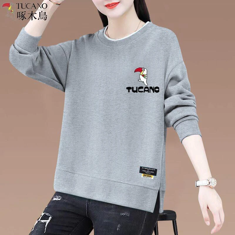 啄木鸟秋冬中年纯棉圆领卫衣女新款时尚宽松显瘦百搭减龄妈妈上衣