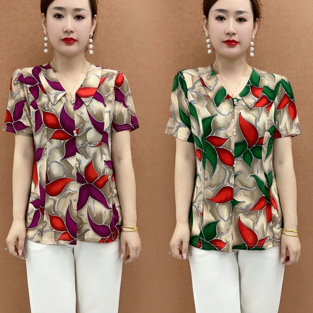 妈妈时尚夏季洋气T恤印花短袖上衣减龄宽松中老年遮肉显瘦小衫女