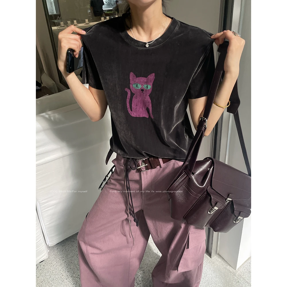 JCCC影子【猫影】灰紫色复古植绒毛毛印花短袖T恤JE5BBX26