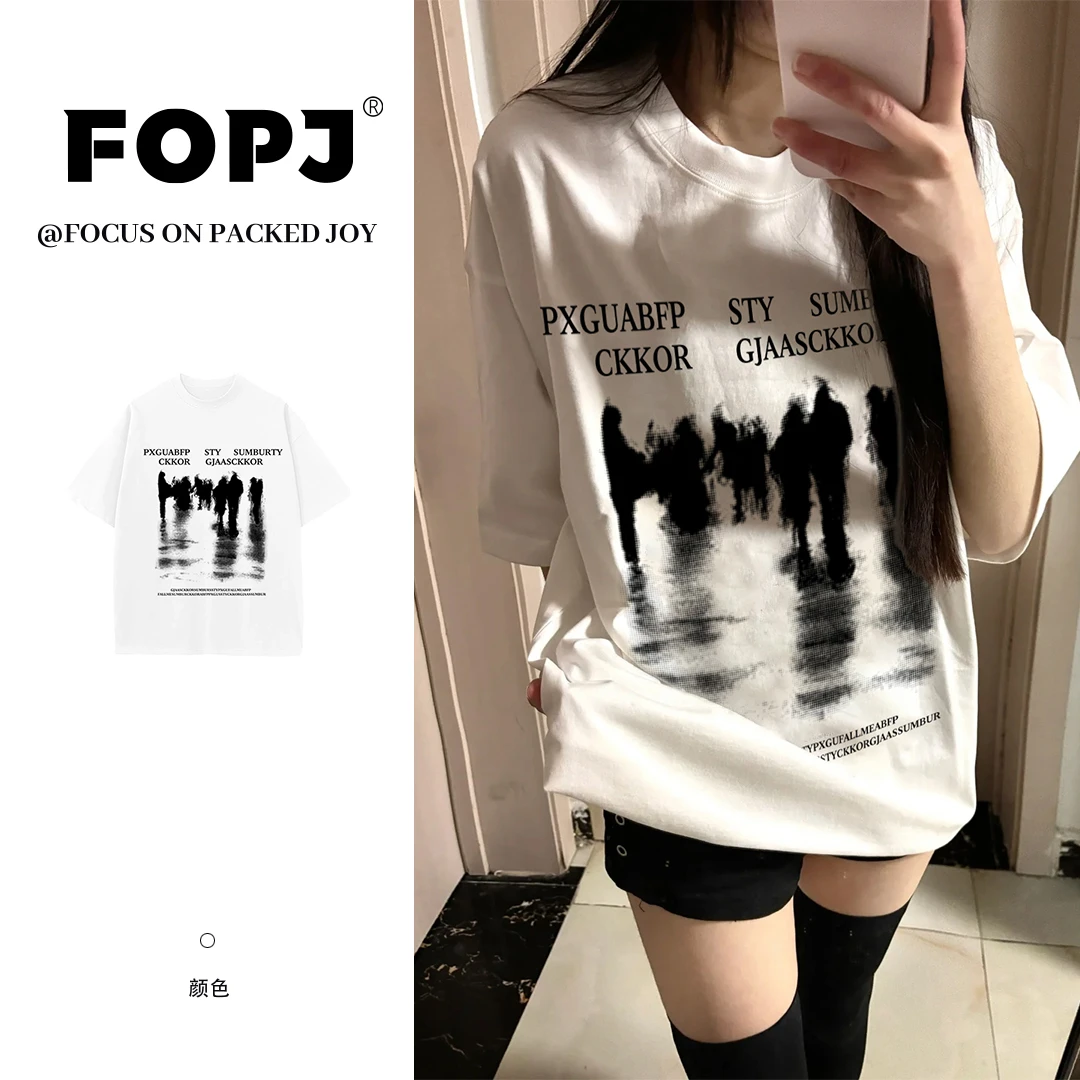 FOPJ夏季时尚圆领短袖设计感印花上衣宽松慵懒风百搭休闲T恤复古