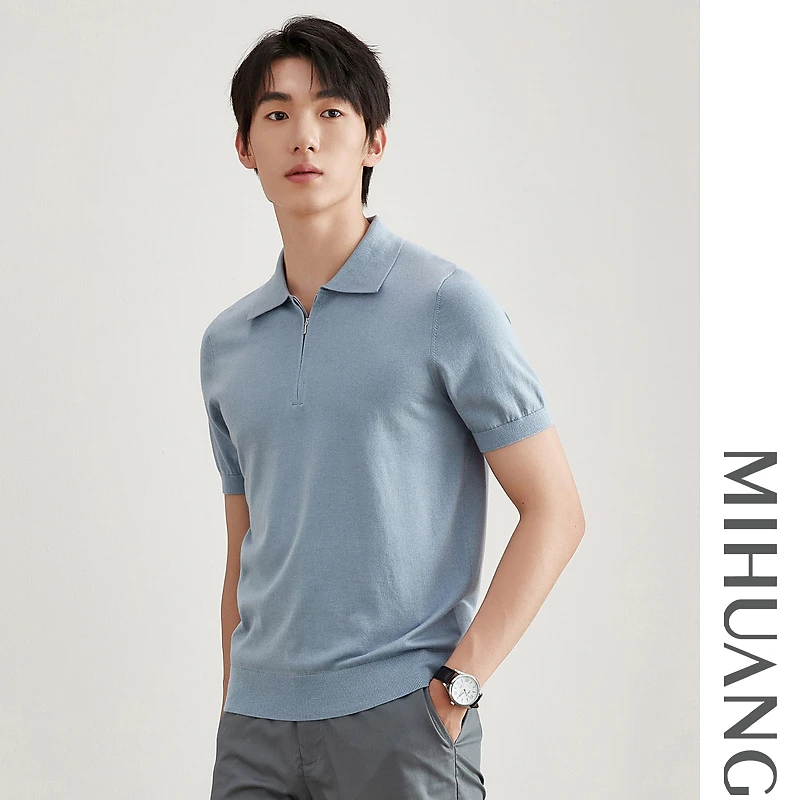 MIHUANG/米皇米皇翻领时尚休闲桑蚕丝山羊绒拉链短袖男衫545306