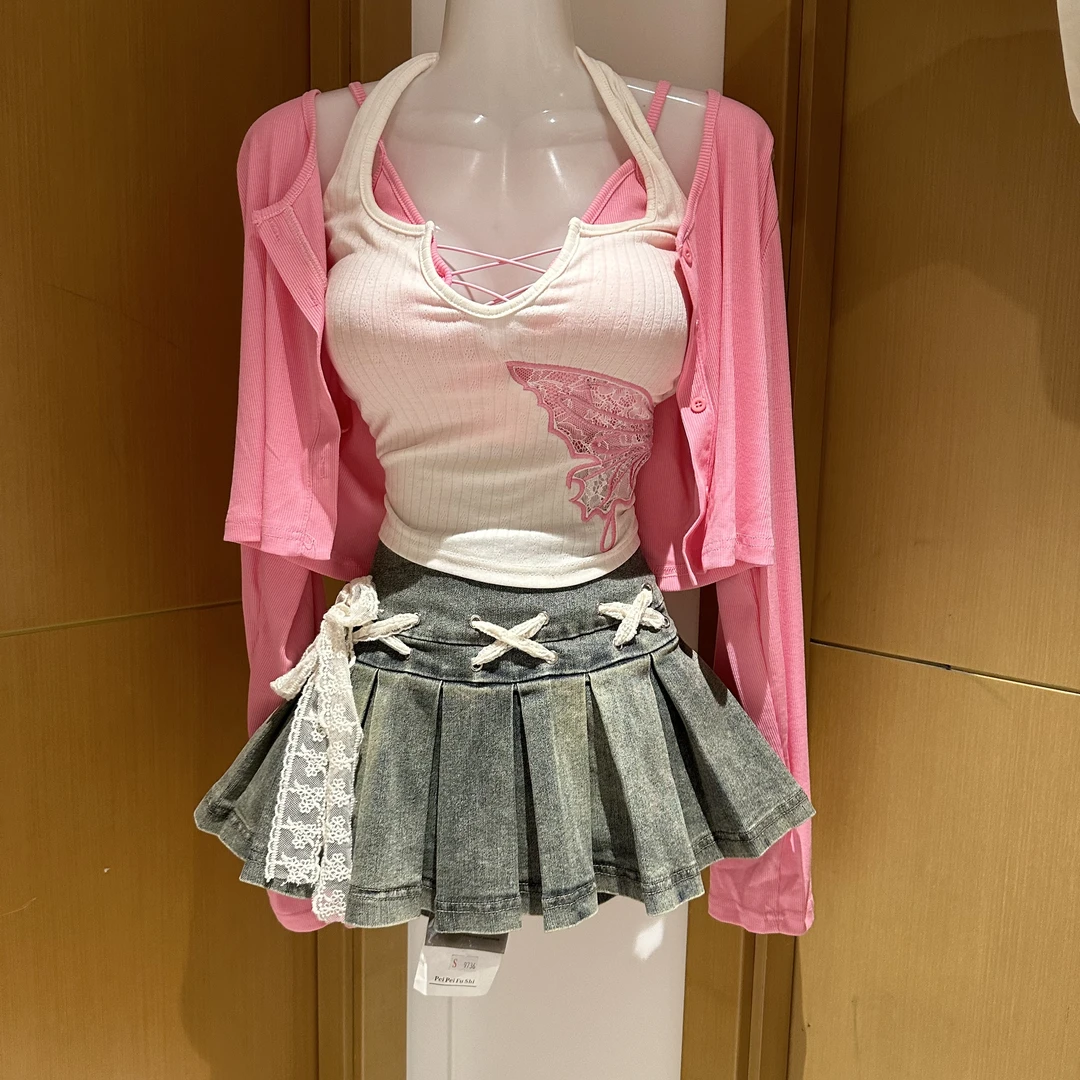 MUA家蜜桃盛夏上衣牛仔百褶裙夏季款