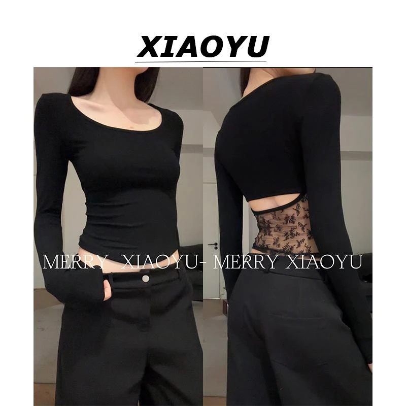 小鱼【纯欲法式】辣妹纯欲风长袖T恤女修身蕾丝拼接性感露背上衣