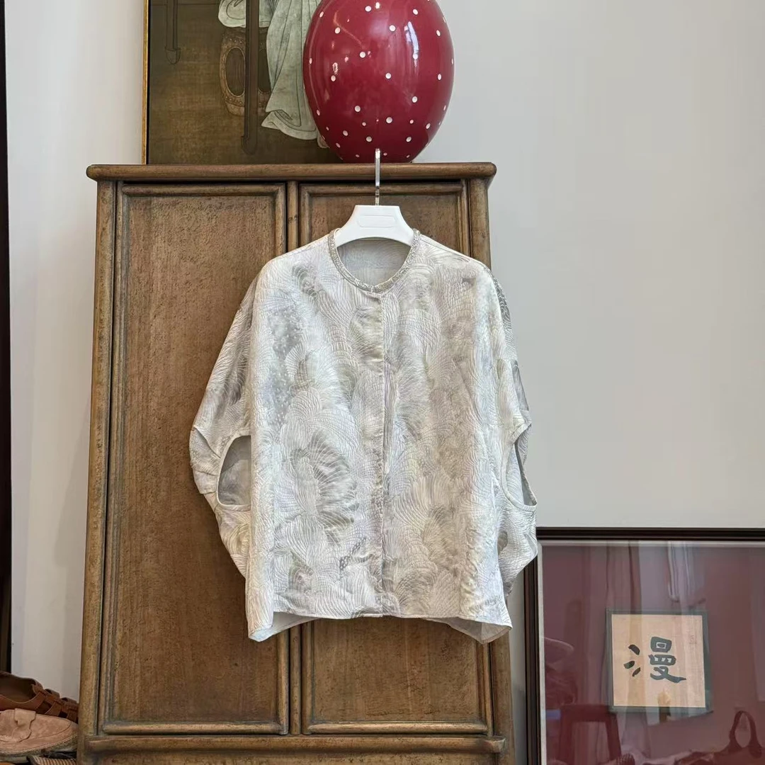 MYL 2025年夏季新款桑蚕丝混纺卡其色斗篷外套领口钉珠宽松上衣