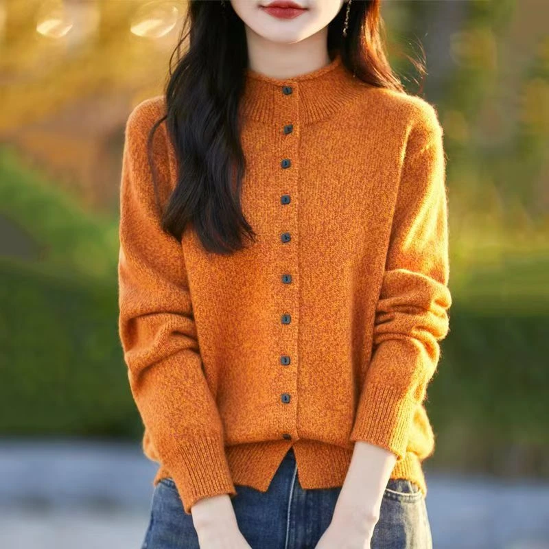 秋冬圆领加厚花纱羊毛衫女针织开衫宽松时尚卷边毛衣外套洋气上衣