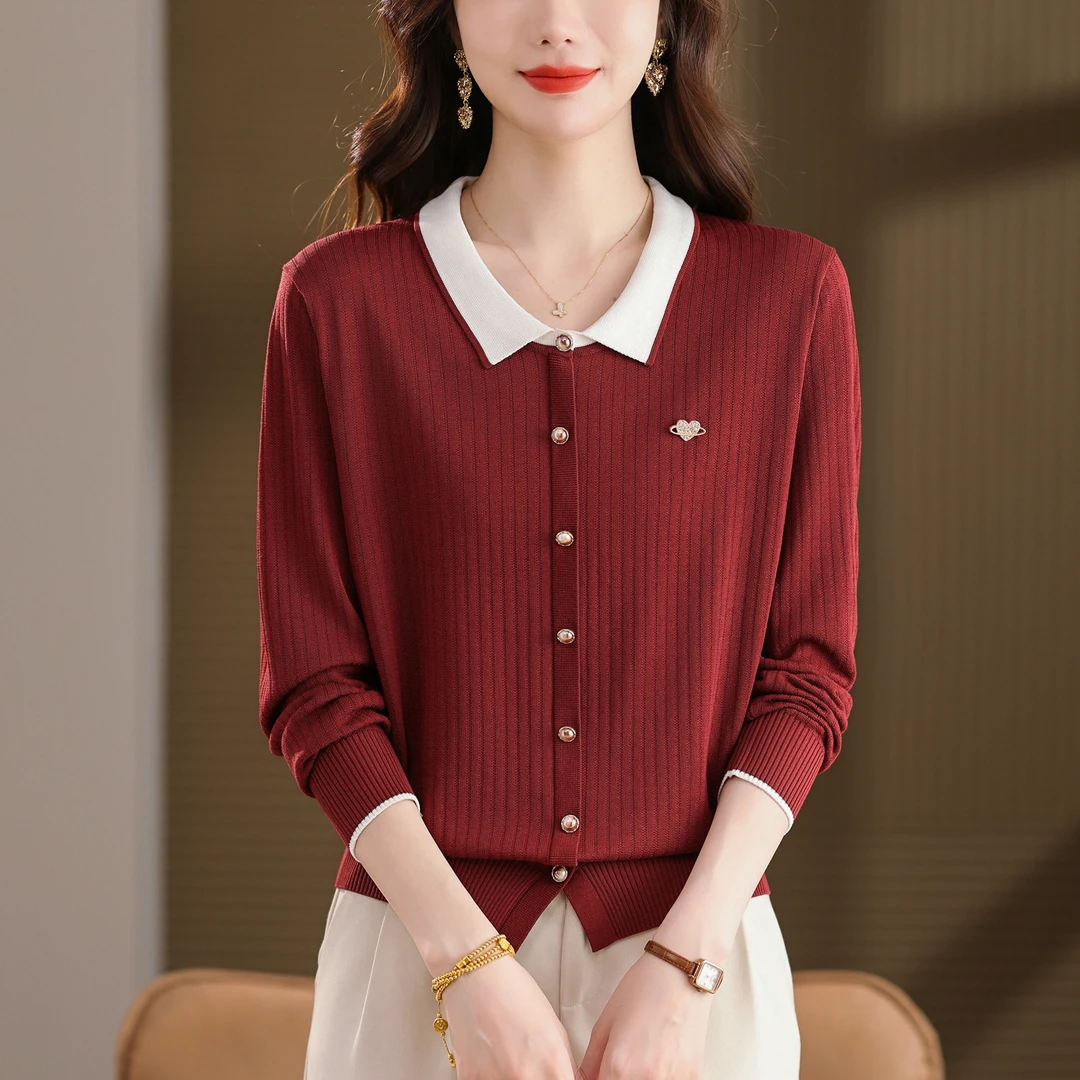 秋季薄款翻领长袖针织衫女士宽松显瘦打底衫气质百搭洋气上衣秋装