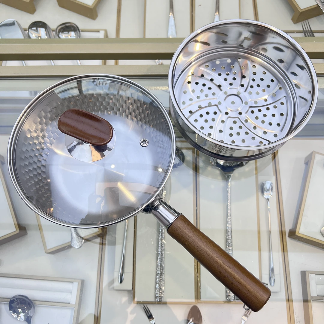 316不锈钢无涂层雪平锅家用燃气灶煮面辅食热牛奶不粘带蒸屉奶锅